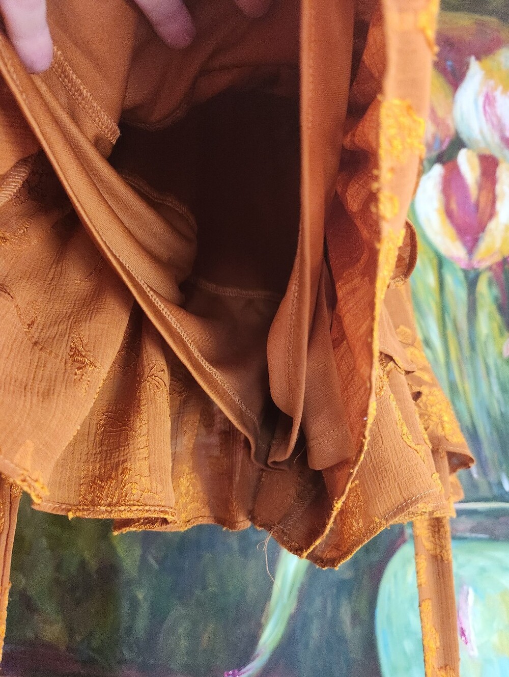 ALLISON & KELLY Copper MUSTARD Rust Floral Wrap Romper Mini SS TIE Zip Dress XSP - Picture 6 of 16